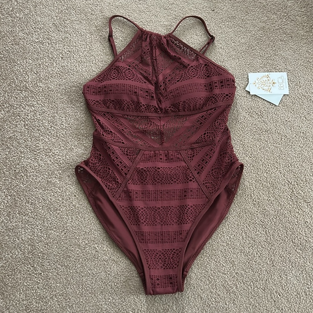 Becca Women's Color Play Crochet High Neck One Piece - Picture 3 of 5